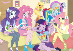 Size: 1000x700 | Tagged: dead source, safe, artist:elenaboosy, character:applejack, character:fluttershy, character:pinkie pie, character:rainbow dash, character:rarity, character:spike, character:trixie, character:twilight sparkle, species:dog, my little pony:equestria girls, alternative cutie mark placement, bedroom, cellphone, eqg promo pose set, equestria girls prototype, facial cutie mark, girly, gossip, interior, magazine, makeup, mane seven, mane six, mirror, phone, ponied up, spike the dog, tomboy taming