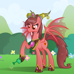Size: 900x900 | Tagged: safe, artist:sunyup, species:dracony, species:pony, alexstrasza, female, hoof hold, hoof shoes, horn rings, horns, hybrid, magnetic hooves, mare, ponified, solo, tattered, tattered wings, transparent wings, warcraft, watering, watering can, wings, world of warcraft