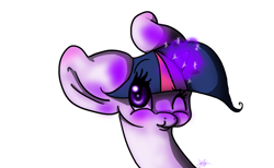 Size: 900x554 | Tagged: safe, artist:lerainbowturtle, character:twilight sparkle, species:pony, species:unicorn, bust, female, magic, mare, one eye closed, signature, simple background, smiling, solo, white background, wink