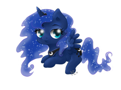 Size: 1024x763 | Tagged: safe, artist:avelineh, character:princess luna, chibi, female, looking at you, prone, simple background, solo