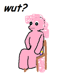 Size: 303x364 | Tagged: safe, artist:bucky, character:pinkie pie, chair, dialogue, female, ms paint, pinkur pye, simple background, solo, wat, white background