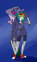 Size: 1605x2658 | Tagged: safe, artist:eggsammich, character:fluttershy, character:rainbow dash, belt, clothing, compression shorts, converse, dress, duo, hat, holding hands, humanized, little witch academia, shoes, shorts, skirt, witch, witch hat