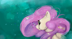 Size: 1023x554 | Tagged: safe, artist:ouyrof, character:fluttershy, fish, puffy cheeks, underwater, watershy
