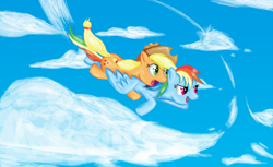 Size: 1314x806 | Tagged: safe, artist:darkyosh, character:applejack, character:rainbow dash, cloud, cloudy, duo, flying