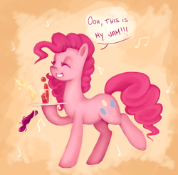 Size: 1002x981 | Tagged: safe, artist:ouyrof, character:pinkie pie, species:earth pony, species:pony, drink, female, happy, juice, music notes, smiling, solo