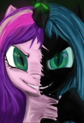 Size: 710x1038 | Tagged: safe, artist:atomicwarpin, character:princess cadance, character:queen chrysalis, species:changeling, disguise, disguised changeling, duality, fake cadance