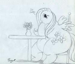 Size: 1280x1088 | Tagged: safe, artist:bunearyk, character:fluttershy, fat, fattershy, monochrome, obese, traditional art