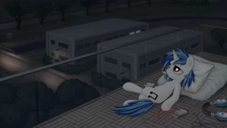 Size: 1920x1080 | Tagged: safe, artist:lurarin, character:dj pon-3, character:vinyl scratch, ashtray, building, cigarette, dark, female, headphones, night, pillow, relaxing, roof, smoking, solo, street, streetlight