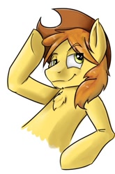 Size: 353x536 | Tagged: safe, artist:dlw, character:braeburn, species:earth pony, species:pony, chest fluff, clothing, hat, male, simple background, smiling, solo, stallion, white background