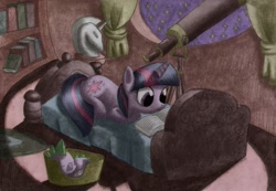 Size: 2331x1612 | Tagged: safe, artist:wojtovix, character:spike, character:twilight sparkle, species:dragon, species:pony, species:unicorn, bed, book, female, golden oaks library, male, mare, night, reading, sleeping, stars, telescope, traditional art