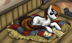 Size: 1024x613 | Tagged: safe, artist:lyricjam, oc, oc only, species:earth pony, species:pony, bed, brown mane, house, letter, male, reading, stallion, white