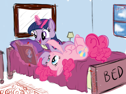 Size: 1280x960 | Tagged: safe, artist:eggsammich, character:pinkie pie, character:twilight sparkle, ship:twinkie, :t, bed, bedroom, blanket, book, boop, cute, female, lamp, lesbian, magic, on back, open mouth, pillow, poking, reading, scrunchy face, shipping, smiling, squishy, squishy cheeks, telekinesis, upside down, window