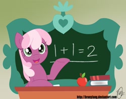 Size: 1900x1500 | Tagged: safe, artist:bronyfang, character:cheerilee, apple, book, captain obvious, chalk, chalkboard, classroom, desk, math, ponyville schoolhouse, school