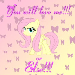 Size: 1280x1280 | Tagged: safe, artist:nezumiyuki, character:fluttershy, female, glare, looking at you, smiling, solo, standing, text