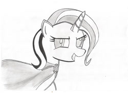 Size: 1024x744 | Tagged: safe, artist:str1ker878, character:trixie, species:pony, species:unicorn, cape, clothing, female, grayscale, mare, monochrome, open mouth, simple background, smiling, solo, trixie's cape, white background