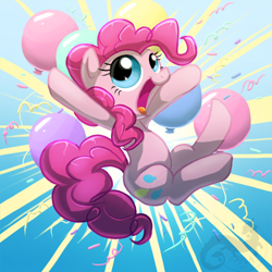 Size: 500x500 | Tagged: safe, artist:aylastardragon, character:pinkie pie, species:pony, balloon, confetti, cute, diapinkes, female, open mouth, smiling, solo, streamers