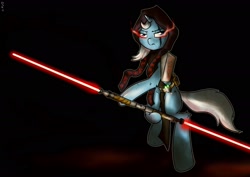 Size: 2220x1570 | Tagged: safe, artist:distoorted, character:trixie, species:pony, species:unicorn, anakin skywalker, bipedal, clothing, crossover, darth maul, darth vader, double lightsaber, energy weapon, female, hoof hold, hooves, horn, lightsaber, mare, scar, sith, sith assassin, sith inquisitor, solo, star wars, weapon