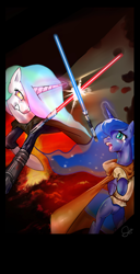 Size: 650x1270 | Tagged: dead source, safe, artist:bloo-ocean, character:princess celestia, character:princess luna, species:alicorn, species:pony, g4, clothing, crossover, duo, energy weapon, female, fight, lightsaber, mare, sisters, star wars, weapon