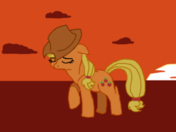 Size: 800x600 | Tagged: safe, artist:etech, character:applejack, species:earth pony, species:pony, cloud, female, floppy ears, frown, mare, orange background, raised hoof, sad, simple background, solo, sun, sunset, unhapplejack