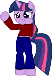 Size: 481x700 | Tagged: safe, artist:hoodie-stalker, edit, character:twilight sparkle, species:pony, bipedal, clothing, pants, semi-anthro