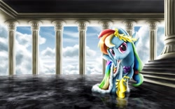 Size: 2400x1500 | Tagged: safe, artist:dcpip, character:rainbow dash, species:pegasus, species:pony, clothing, column, dress, female, gala dress, laurel, laurel wreath, looking at you, marble, pink eyes, solo, spread wings, temple, wings