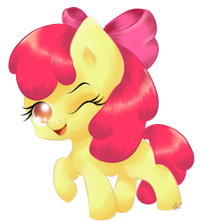 Size: 657x712 | Tagged: safe, artist:avelineh, character:apple bloom, species:earth pony, species:pony, female, filly, one eye closed, open mouth, raised hoof, simple background, solo, transparent background, wink