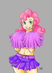 Size: 700x990 | Tagged: safe, artist:diasfox, character:pinkie pie, species:human, belly button, cheerleader, clothing, cute, diapinkes, female, gray background, humanized, midriff, simple background, skirt, solo