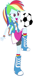 Size: 3484x7844 | Tagged: dead source, safe, artist:strumfreak, character:rainbow dash, equestria girls:equestria girls, g4, my little pony: equestria girls, my little pony:equestria girls, absurd resolution, ball, boots, clothing, compression shorts, female, football, open mouth, raised leg, simple background, skirt, solo, transparent background, vector