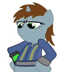 Size: 900x1050 | Tagged: safe, artist:psalmie, oc, oc only, oc:littlepip, species:pony, species:unicorn, fallout equestria, clothing, fanfic, fanfic art, female, mare, pipbuck, simple background, solo, transparent background, vault suit, vector