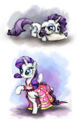 Size: 900x1454 | Tagged: safe, artist:dcpip, character:rarity, species:pony, bipedal, bottomless, clothing, crying, dancing, dress, featureless crotch, female, gala dress, partial nudity, pillow, solo