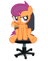 Size: 200x256 | Tagged: safe, artist:vapgames, character:scootaloo, species:pegasus, species:pony, animated, chair, cute, cutealoo, female, filly, fun, gif, glare, good trick, office, office chair, simple background, smirk, solo, speen, spin, spin meme, spinning, white background, wings