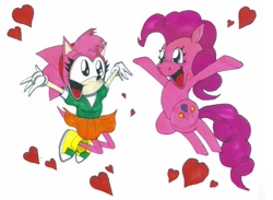Size: 863x631 | Tagged: safe, artist:gojira007, character:pinkie pie, amy rose, crossover, heart, sonic the hedgehog (series), traditional art