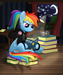Size: 732x875 | Tagged: safe, artist:tajarnia, character:rainbow dash, book, clothing, hoodie, ponytail, reading, svg, vector
