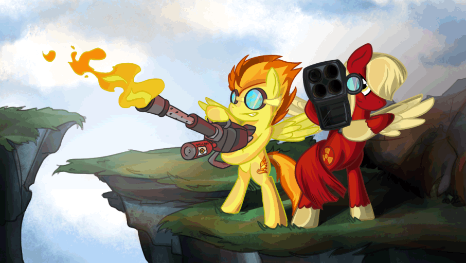 Size: 906x511 | Tagged: safe, artist:twodeepony, character:spitfire, oc, species:pegasus, species:pony, animated, badass, bipedal, fire, flamethrower, goggles, m202 flash, rocket launcher, spitfiery, weapon
