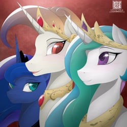 Size: 3333x3333 | Tagged: safe, artist:spyrothefox, artist:unnop64, character:princess celestia, character:princess luna, oc, oc:queen galaxia, celestia and luna's mother, female, high res, mother, mother and child, mother and daughter, royal sisters, sisters, smiling, trio, trio female