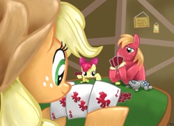 Size: 800x583 | Tagged: safe, artist:reillyington86, character:apple bloom, character:applejack, character:big mcintosh, character:smarty pants, species:earth pony, species:pony, apple siblings, card, male, playing, poker, stallion, table, tabletop gaming