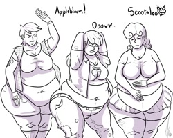 Size: 1500x1200 | Tagged: safe, artist:dragon-storm, character:apple bloom, character:scootaloo, character:sweetie belle, apple blob, bbw, belly button, clothing, curly bloom, cutie mark crusaders, fat, humanized, larry belle, monochrome, muffin top, obese, older, pants, scootalard, scootamoe, skirt, sweetie belly, the three stooges, torn clothes
