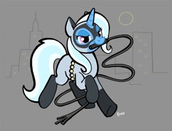 Size: 886x674 | Tagged: safe, artist:kiguren, character:trixie, species:pony, species:unicorn, batman, catwoman, dc comics, female, mare, mouth hold, parody, solo, whip