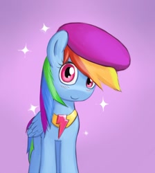 Size: 731x817 | Tagged: safe, artist:lurarin, character:rainbow dash, fanfic:austraeoh, beret, blushing, cute, element of loyalty, fanfic art, female, looking at you, smiling, solo, sparkles