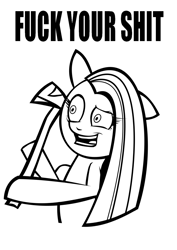 Size: 745x1053 | Tagged: safe, artist:thisisdashie, character:pinkamena diane pie, character:pinkie pie, species:earth pony, species:pony, american psycho, axe, black and white, caption, female, fuck, grayscale, lineart, mare, meme, monochrome, parody, reaction image, simple background, solo, vulgar, white background