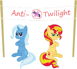 Size: 949x842 | Tagged: safe, artist:batmanbrony, character:sunset shimmer, character:trixie, character:twilight sparkle, character:twilight sparkle (alicorn), species:alicorn, species:pony, crossed arms, female, grin, mare, sign, simple background, transparent background