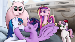 Size: 1280x720 | Tagged: safe, artist:brainedbysaucepans, character:princess cadance, character:shining armor, character:sweetie belle, character:twilight sparkle, character:twilight sparkle (alicorn), oc, oc:fluffle puff, species:alicorn, species:pony, ship:shiningsparkle, sweetie bot, clothing, crossover, female, fez, hat, incest, kissing, male, mare, shipping, star wars, straight