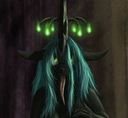 Size: 862x792 | Tagged: safe, artist:tattertailart, character:queen chrysalis, species:anthro, bioluminescent, bust, female, glow, long tongue, looking at you, portrait, solo, tongue out