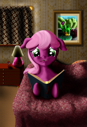 Size: 739x1080 | Tagged: safe, artist:chaosdrop, character:cheerilee, book, female, horrified, reading, sad, scenery, solo