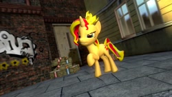 Size: 1024x576 | Tagged: safe, artist:gonzalolog, character:sunset shimmer, species:pony, 3d, crown, female, gmod, jewelry, raised hoof, regalia, solo