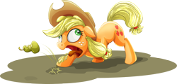 Size: 2080x1000 | Tagged: safe, artist:dcpip, character:applejack, species:pony, bleh, derp, female, food, hilarious in hindsight, pear, silly, silly pony, simple background, solo, that pony sure does hate pears, transparent background, who's a silly pony