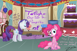 Size: 1024x685 | Tagged: safe, artist:zonra, character:pinkie pie, character:rarity, character:twilight sparkle, balloon, cake, paint, paint on fur, party