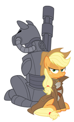 Size: 1353x2246 | Tagged: safe, artist:vanripper, character:applejack, oc, oc:steelhooves, species:earth pony, species:pony, fallout equestria, applejack's hat, applesnack, armor, back to back, canon x oc, clothing, cowboy hat, fanfic, fanfic art, female, gun, hat, hooves, jacket, machine gun, male, mare, ministry mares, ministry of wartime technology, power armor, simple background, sitting, stallion, steel ranger, transparent background, vector, weapon
