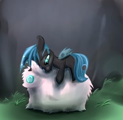 Size: 1600x1560 | Tagged: safe, artist:bluestreakfus, character:queen chrysalis, oc, oc:fluffle puff, species:changeling, changeling queen, cuddling, cute, cutealis, female, filly, filly queen chrysalis, foal, grass, hug, miss fluffy fluffs, nymph, pile, plushie, prone, smiling, solo, toy, younger