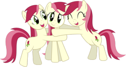 Size: 1224x653 | Tagged: safe, artist:delectablecoffee, character:roseluck, bipedal, bipedal leaning, eyes closed, female, hug, leaning, looking at you, multeity, open mouth, recolor, simple background, smiling, transparent background, trio, trio female, vector